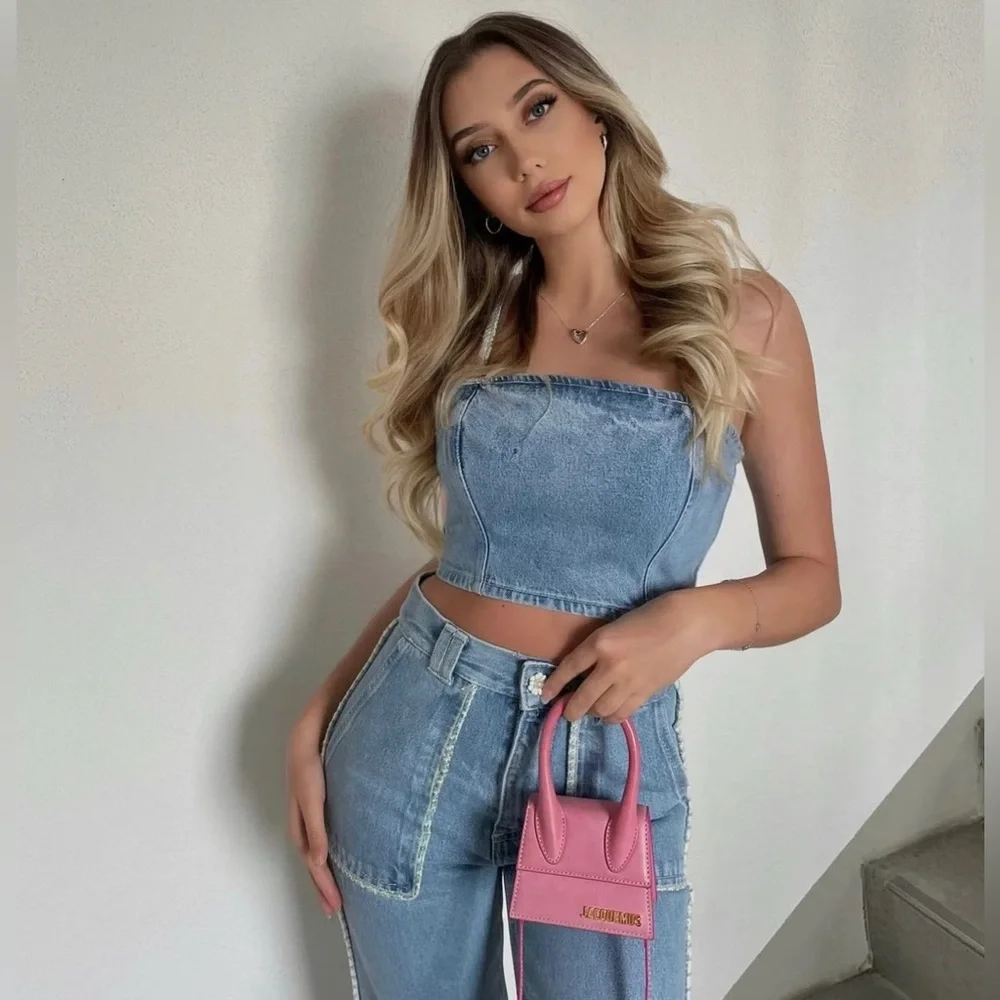 LAST🔥Zara Denim Matching 2 Piece Set! Stitch & Rhinestone Detail. - Picture 2 of 15